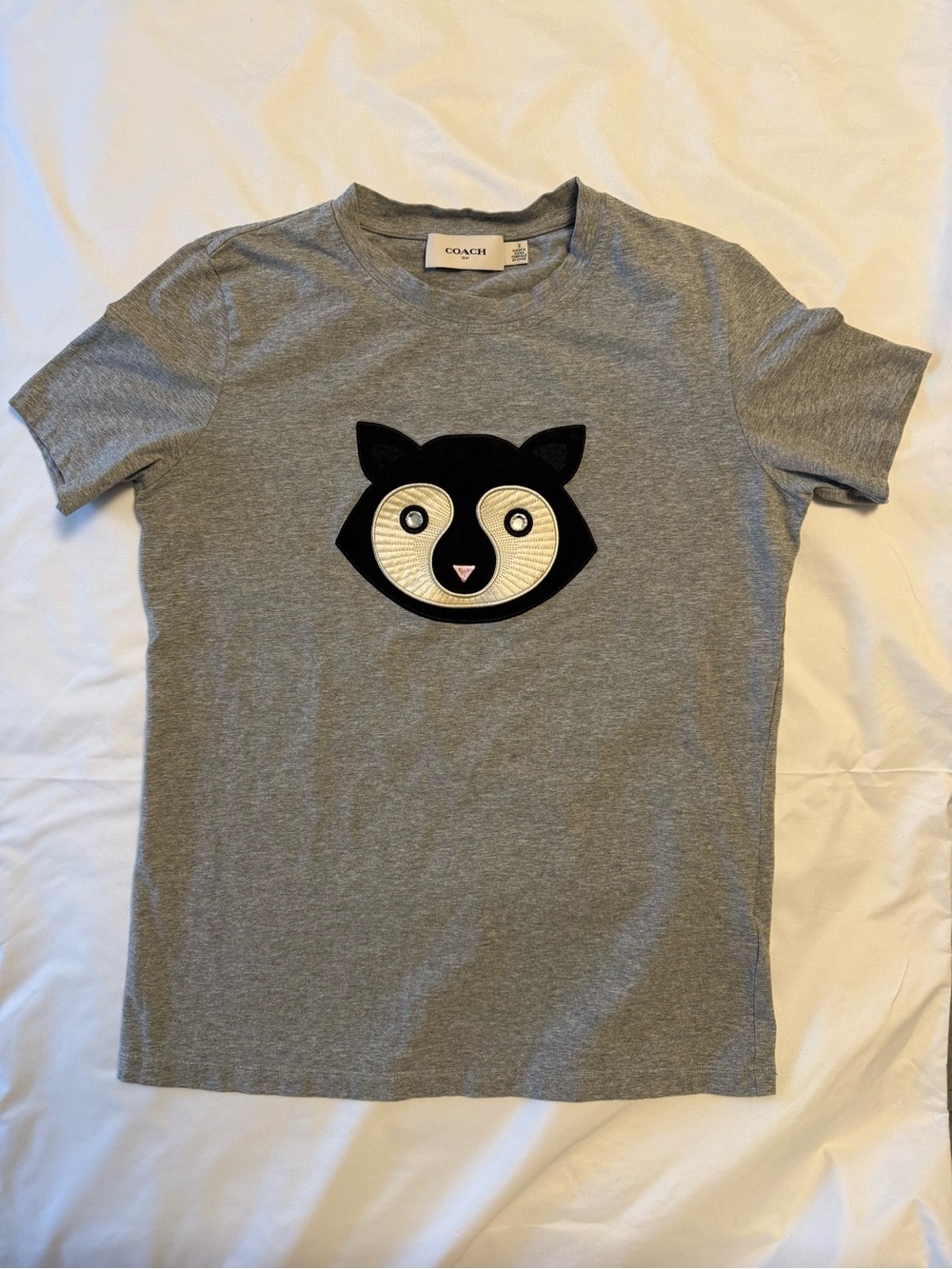 COACH Gray Short-Sleeve Tee with Black & Cream Animal Face Applique
